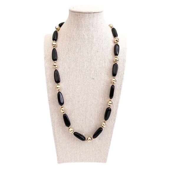Vintage Boho Beaded Necklace in Black and Gold Tone - Picture 1 of 5